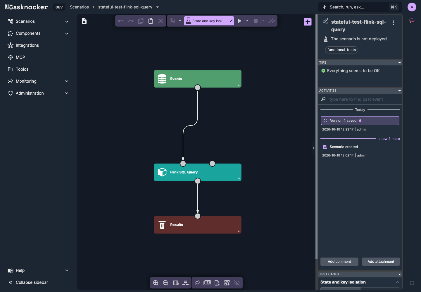 Nussknacker Designer with side navigation, the command bar and a three-node scenario graph. The right side shows Scenario details, Tips, Activities and Test cases panels.