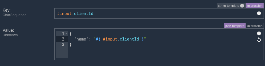 Scenario node configuration form showing parameter fields and the available methods of providing parameters: SpEL expression, string template expression, and JSON template expression.