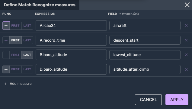 The measures dialog: for each measure a function, an expression and the output field name