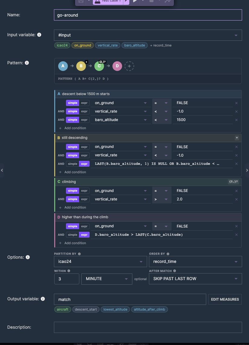 The Match Recognize node window with the go-around pattern: four steps A, B, C, D with their conditions, the options and the measures