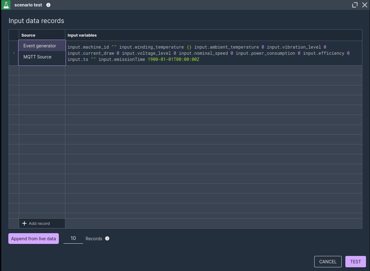 Scenario test input form showing a table for entering or capturing input data records, with options to add records manually or append them from live data.