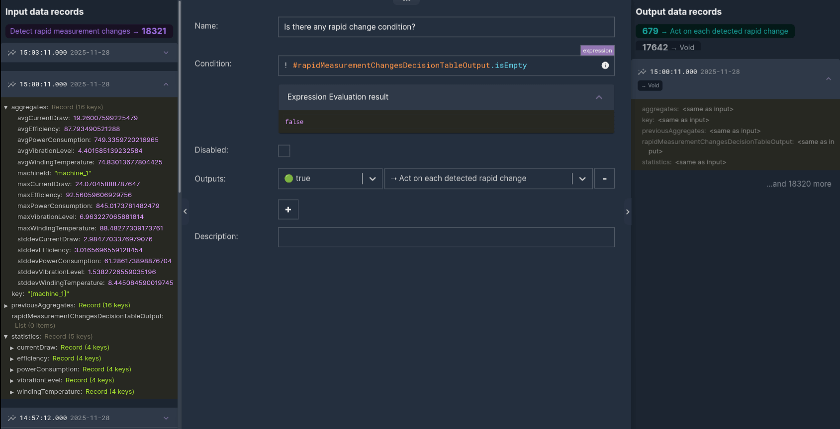 Live data view for a scenario node showing - for the selected data record - node parameters and their values   input and output data records variables